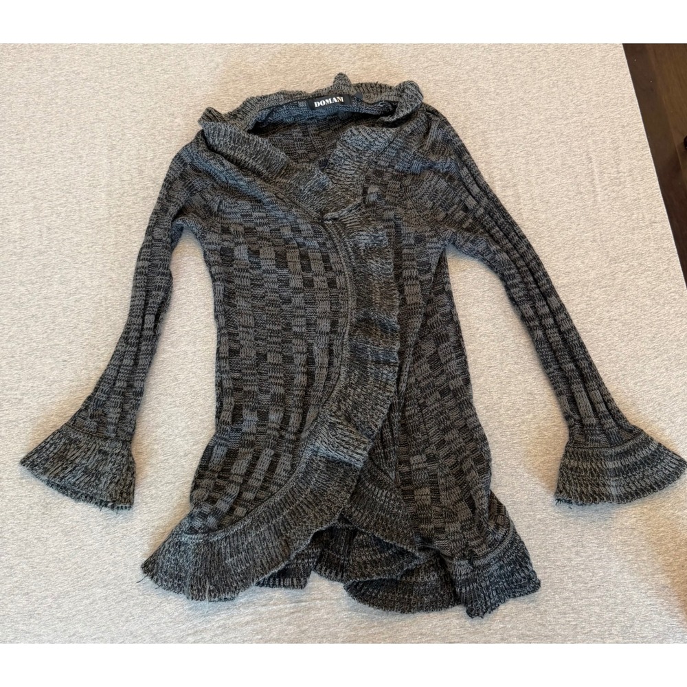 Domani Gray Black Checkerboard Knit Ruffle Hooded Cardigan Sweater Bell Sleeve L